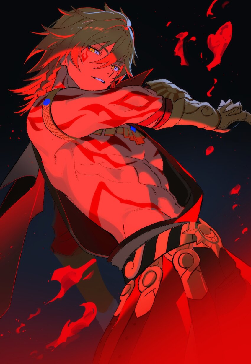 1boy, abs, arm_tattoo, armlet, armor, black_coat, blonde_hair, blood, blood_splatter, braid, chest_tattoo, clawed_gauntlets, coat, commentary, earrings, english_commentary, facial_tattoo, gold_earrings, gold_necklace, gradient_hair, hair_between_eyes, hazozoyaku, highres, honkai:_star_rail, honkai_(series), jewelry, male_focus, medium_hair, multicolored_hair, mydei_(honkai:_star_rail), necklace, night, open_clothes, open_coat, pauldrons, red_hair, red_tattoo, shoulder_armor, side_braid, single_pauldron, sky, solo, tattoo, toned, toned_male, yellow_eyes