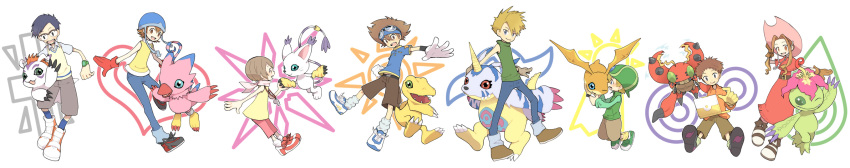 3girls, 5boys, agumon, blonde_hair, blue_hair, brown_eyes, brown_hair, digimon
