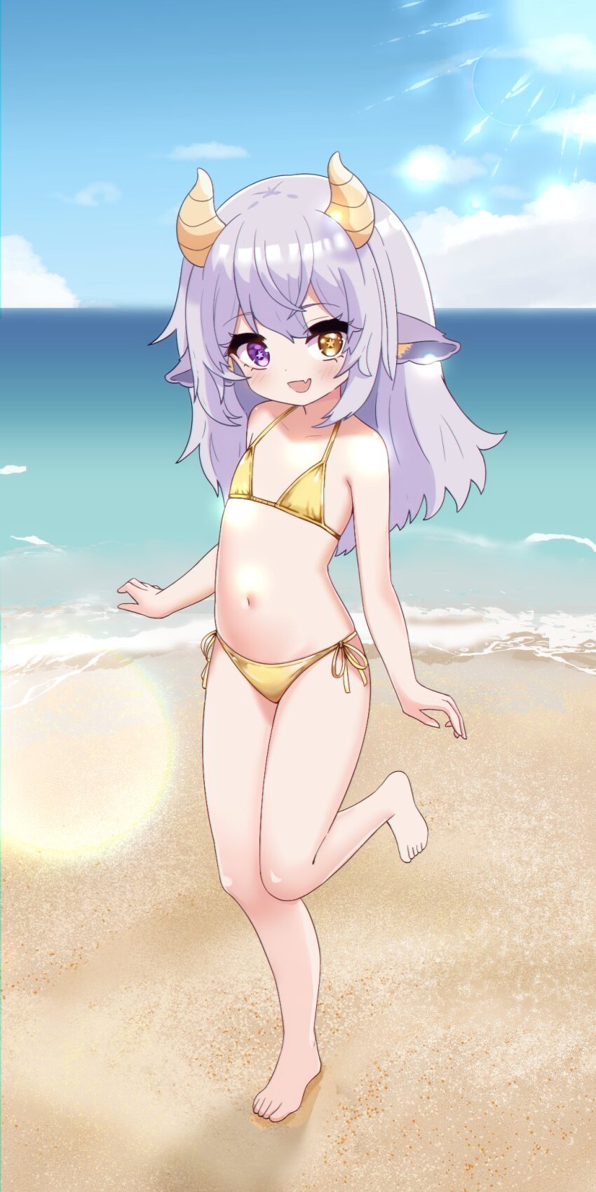 1girl, animal_ears, arms_at_sides, bikini, blue_sky, collarbone, day, female_focus