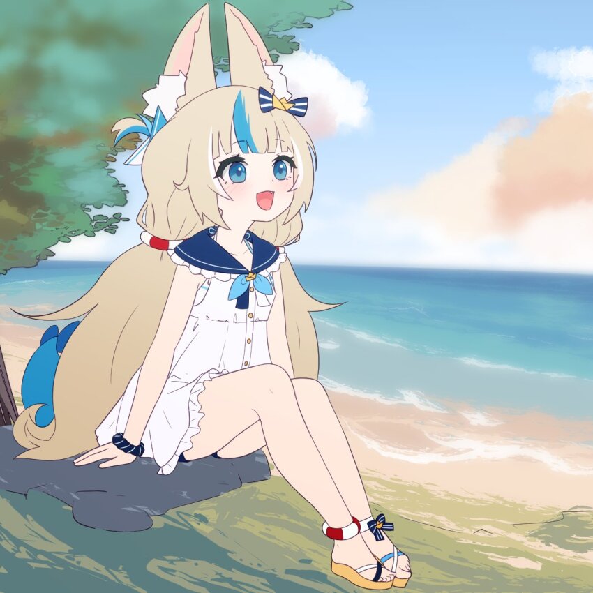 1girl, animal_ears, bare_legs, blue_dress, blue_eyes, blue_shorts, blue_sky, blush