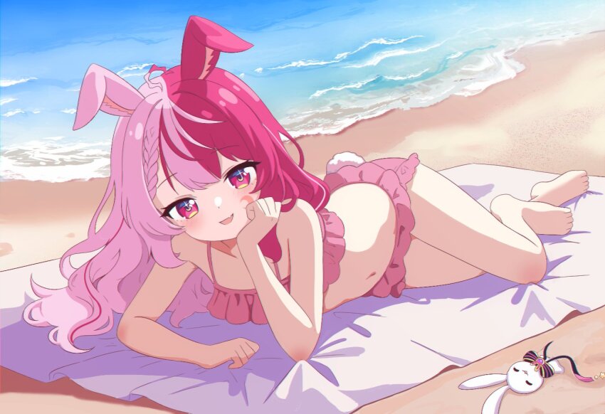 1girl, animal_ears, barefoot, beach, bikini, chromashift, dot_nose, female_focus, from_above, full_body, hand_on_own_face, head_rest, lalabell_lullaby, loli, long_hair, looking_at_viewer, lying, matching_hair/eyes, multicolored_hair, navel, ocean, on_side, open_mouth, orenji_gallery, pink_bikini, pink_eyes, pink_hair, rabbit_ears, rabbit_girl, sand, smile, solo, split-color_hair, swimsuit, virtual_youtuber, water