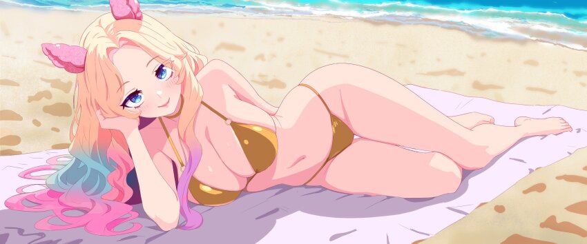 1girl, alpaca_ears, alpaca_girl, animal_ears, arm_behind_back, beach, bikini, blonde_hair