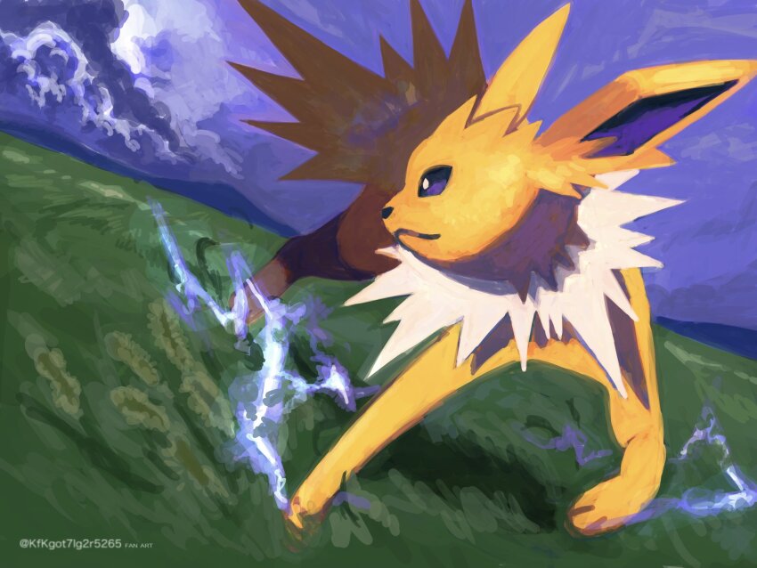 animal_focus, brown_eyes, closed_mouth, cloud, cloudy_sky, electricity, field, full_body