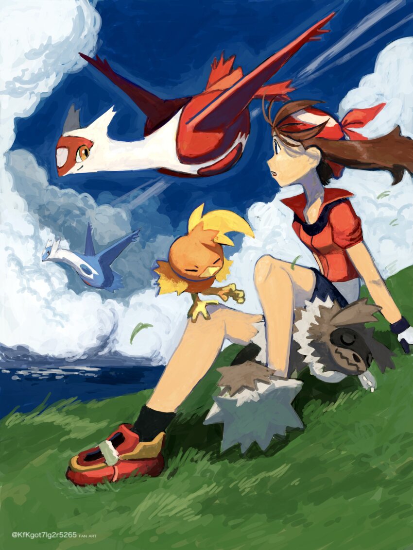 1girl, absurdres, bandana, bike_shorts, bird, blue_eyes, blue_sky, breasts, brown_hair, claws, closed_eyes, closed_mouth, cloud, day, dragon, field, flying, full_body, gen_3_pokemon, gloves, grass, highres, kfkgot7ig2r5265, latias, latios, legendary_pokemon, long_hair, may_(pokemon), nintendo, ocean, open_mouth, outdoors, pokemon, pokemon_(creature), pokemon_ruby/sapphire/emerald, raccoon, red_bandana, red_eyes, red_shirt, shirt, shorts, shorts_under_shorts, sky, sleeping, smile, torchic, water, white_gloves, wings, yellow_eyes, zigzagoon