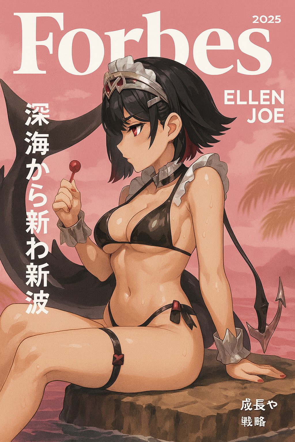 1girl, alternate_costume, bare_shoulders, bikini, black_bikini, black_choker, black_hair, blue_sky, breasts, candy, choker, cleavage, closed_mouth, colored_inner_hair, commentary_request, commission, cover, day, ellen_joe, fake_magazine_cover, feet_out_of_frame, fins, fish_tail, food, forbes, helloimtea, highres, holding, holding_candy, holding_food, holding_lollipop, jewelry, large_breasts, lollipop, looking_ahead, magazine_cover, maid_headdress, metal_wrist_cuffs, mole, mole_on_arm, mole_under_eye, multicolored_hair, nail_polish, navel, outdoors, paid_reward_available, red_eyes, red_hair, red_nails, scar, scar_on_tail, shark_girl, shark_tail, short_hair, sidelocks, sitting, skindentation, sky, solo, stomach, swimsuit, tail, thighlet, translation_request, twitter_username, zenless_zone_zero