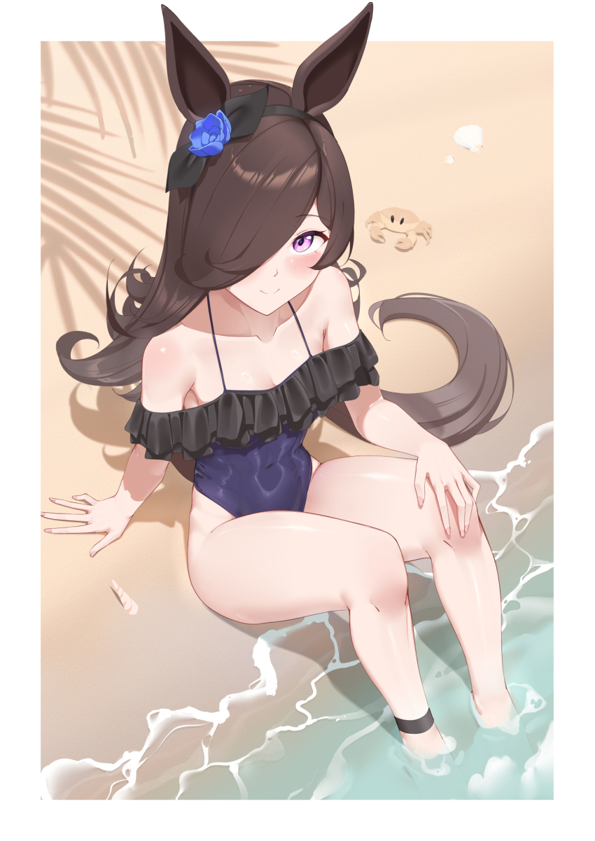 1girl, alternate_costume, animal_ears, arm_support, beach, blue_flower, blue_rose, casual_one-piece_swimsuit