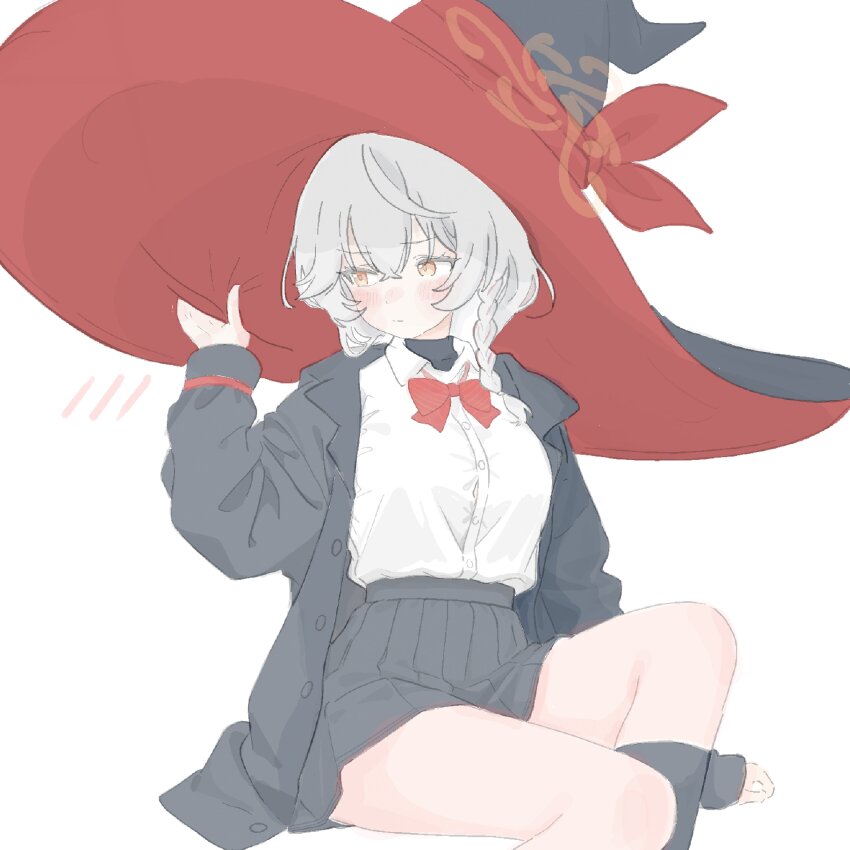 1girl, absurdres, black_hat, black_jacket, blue_archive, blush, bow, bowtie