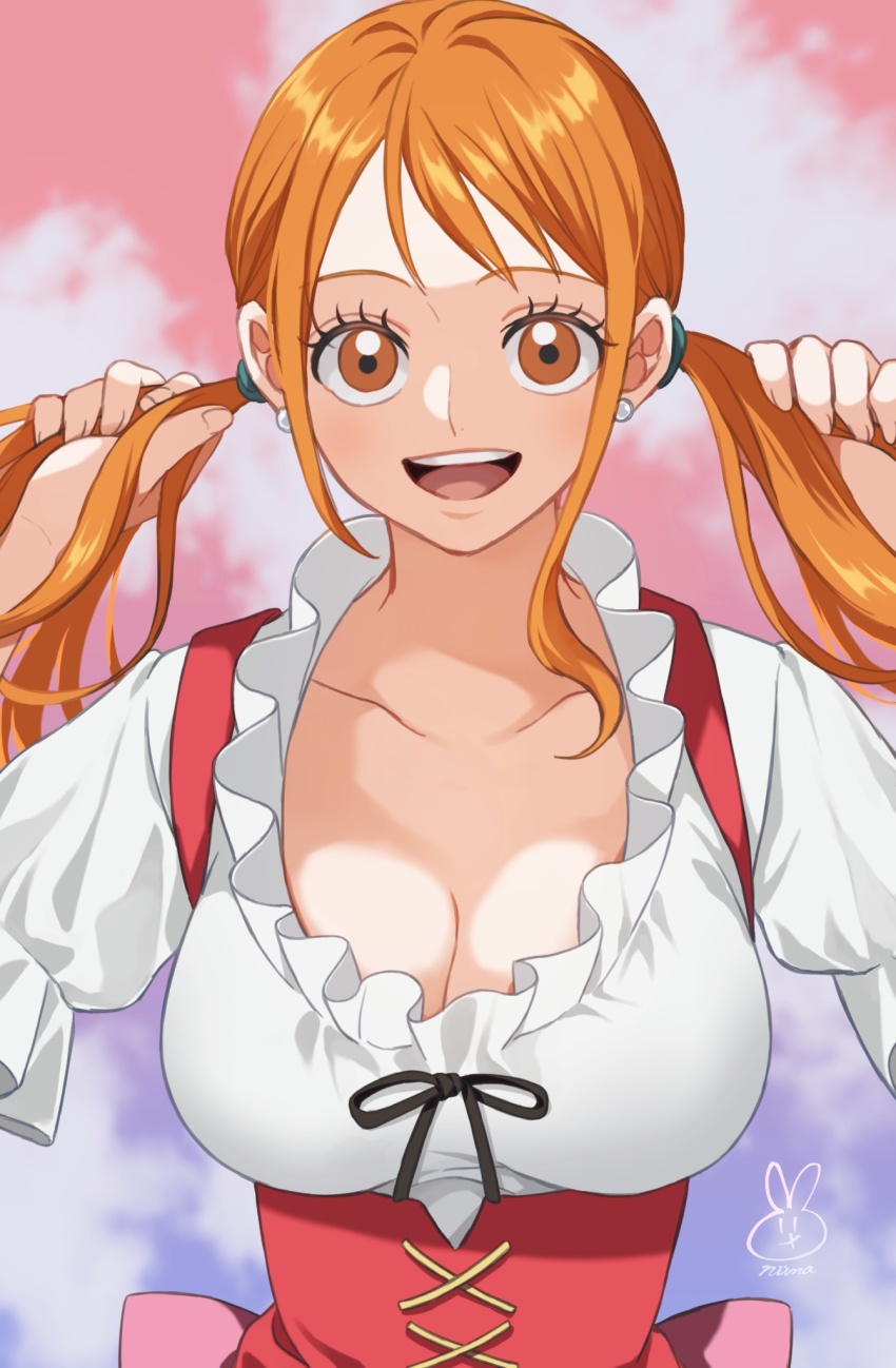1girl, 2025, artist_logo, artist_name, back_bow, bow, breasts, brown_eyes, cleavage, collarbone, cross-laced_clothes, cross-laced_dress, dirndl, dress, earrings, eyelashes, frilled_shirt, frilled_shirt_collar, frilled_sleeves, frills, german_clothes, hashtag-only_commentary, highres, holding, holding_own_hair, jewelry, large_breasts, light_blush, logo, long_hair, looking_at_viewer, low_twintails, nami_(one_piece), nami_(one_piece)_(whole_cake_island), niina_1oo9, official_alternate_costume, official_alternate_hairstyle, one_piece, open_mouth, orange_hair, pearl_earrings, pink_bow, red_dress, shirt, signature, single_sidelock, solo, straight-on, teeth, twintails, upper_body, upper_teeth_only, wavy_hair, white_shirt
