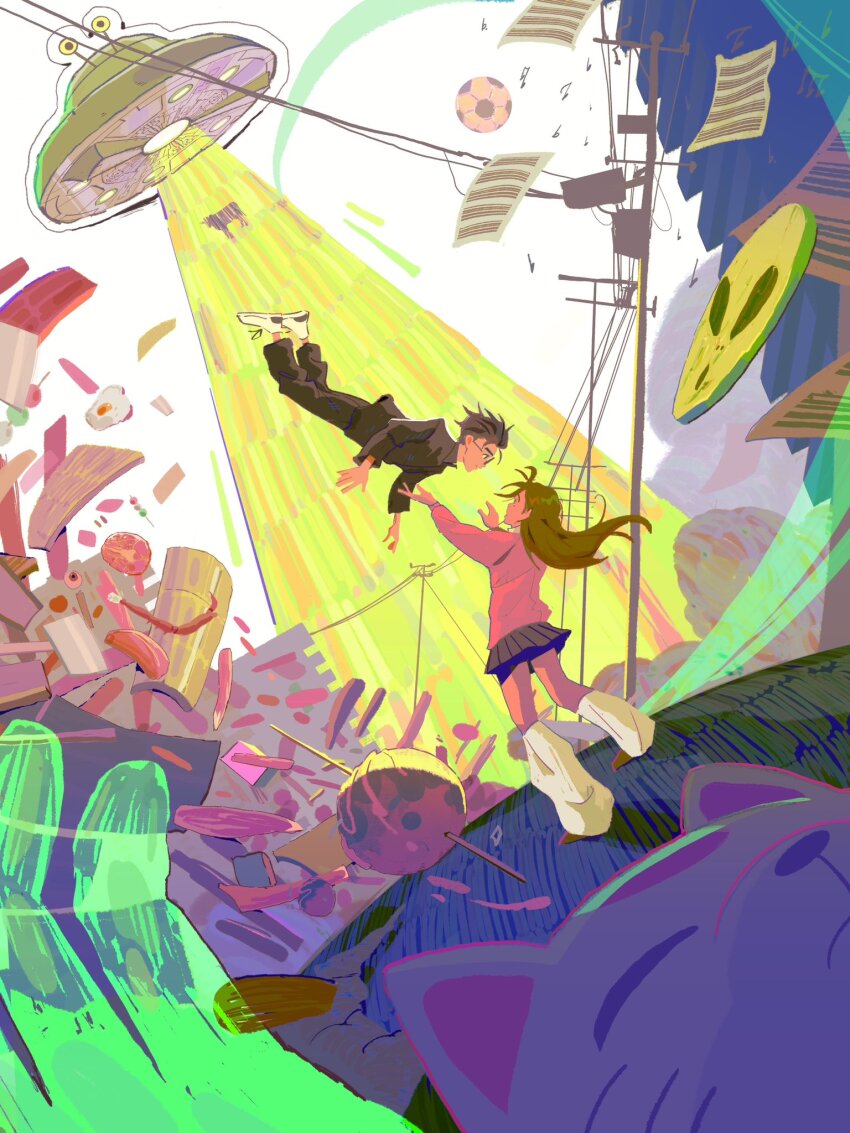 1boy, 1girl, animal, arms_up, ayase_momo, ball, black_hair, black_jacket, black_pants, blue_skirt, brown_hair, brown_shoes, cow, dandadan, floating, full_body, gakuran, glasses, hashtag-only_commentary, highres, jacket, kami_high_school_uniform, long_hair, long_sleeves, looking_at_viewer, marumarks, miniskirt, musical_note, pants, paper, pink_sweater, pleated_skirt, power_lines, scenery, school_uniform, shoes, short_hair, skirt, soccer_ball, socks, standing, sweater, takakura_ken_(dandadan), tractor_beam, turbo_granny_(dandadan), ufo, white_socks