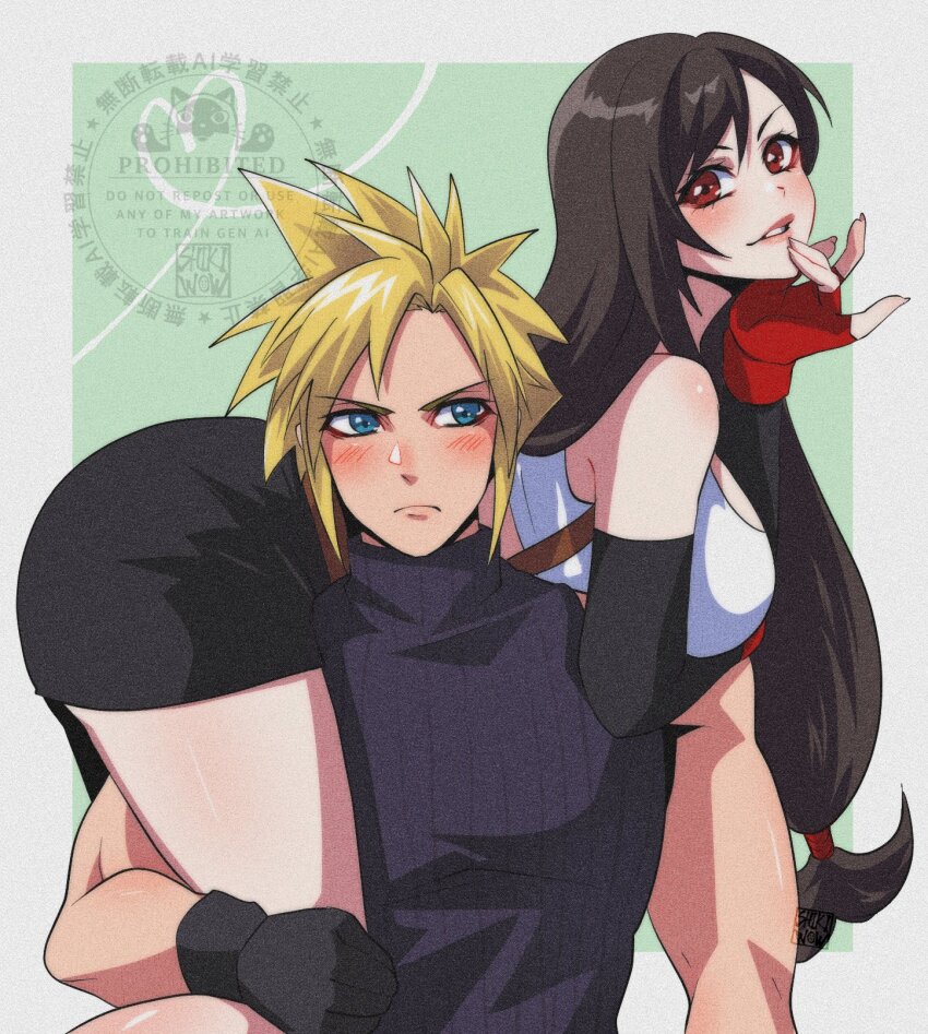 1boy, 1girl, belt, black_gloves, black_hair, black_skirt, blonde_hair, blue_eyes, blue_sweater, blush, breasts, carrying, carrying_person, closed_mouth, cloud_strife, feet_out_of_frame, final_fantasy, final_fantasy_vii, fingerless_gloves, fireman's_carry, gloves, hashtag-only_commentary, heart, highres, large_breasts, lips, long_hair, low-tied_long_hair, ma, male_focus, miniskirt, parted_lips, pencil_skirt, pink_lips, red_eyes, red_gloves, ribbed_sweater, shikiwo, skirt, sleeveless, sleeveless_turtleneck, spiked_hair, suspender_skirt, suspenders, sweater, tank_top, thighs, tifa_lockhart, turtleneck, turtleneck_sweater, upper_body