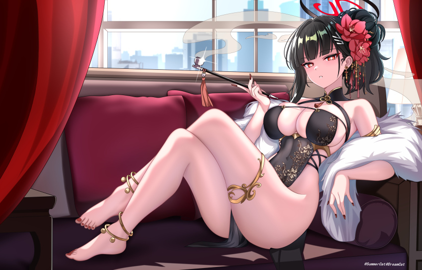 1girl, absurdres, artist_name, barefoot, black_dress, black_hair, black_halo, blue_archive