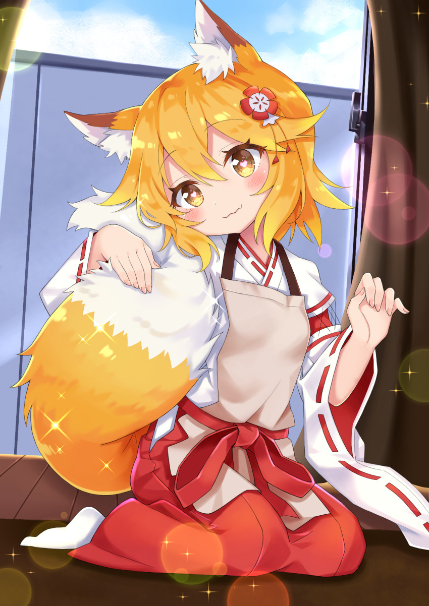1girl, animal_ear_fluff, animal_ears, apron, blonde_hair, blue_sky, blurry, blush