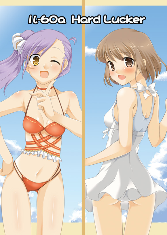 blush, breasts, brown_hair, cleavage, dress, gokubuto_mayuge, harvest_moon, iris_(rune_factory_oceans), long_hair, looking_back, navel, ocean, odette_(rune_factory), one-piece_swimsuit, open_mouth, ponytail, purple_hair, rune_factory, rune_factory_oceans, short_hair, side_ponytail, smile, sundress, swimsuit, wink