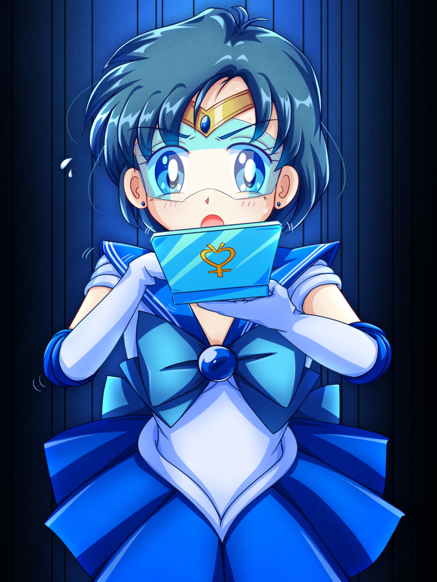 back_bow, bishoujo_senshi_sailor_moon, blue_choker, blue_eyes, blue_hair, blue_sailor_collar, blue_skirt, blue_visor