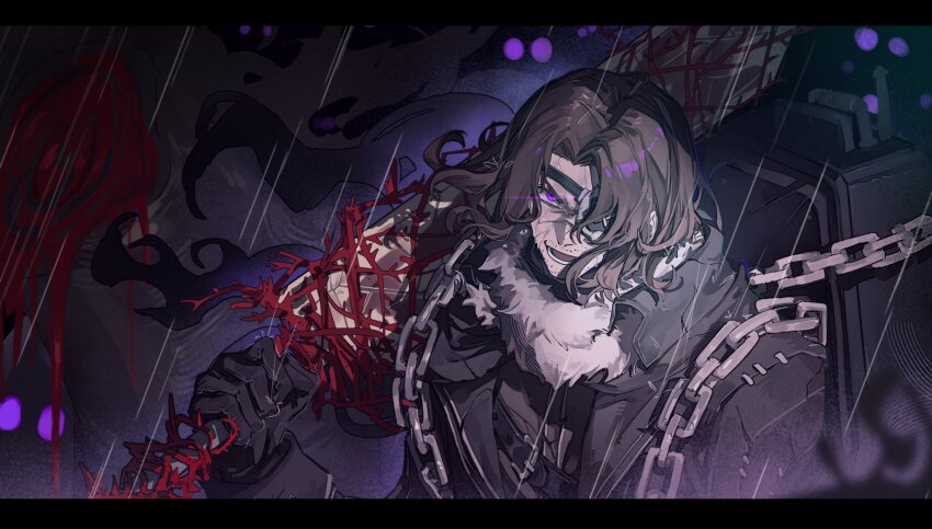 1boy, :d, beard_stubble, belt, black_gloves, black_jacket, brown_hair, chain