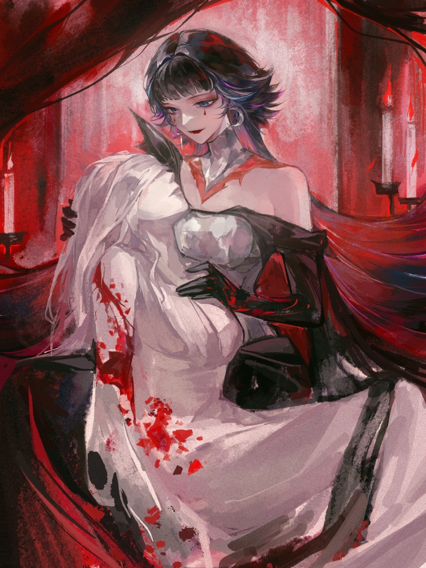 2girls, black_gloves, blindfold, blood, blood_on_arm, blue_hair, blunt_bangs, candle