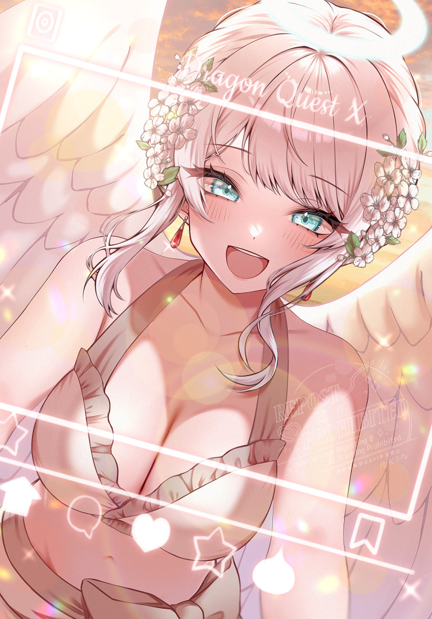 1girl, :d, alternate_costume, angel, angel_wings, bikini, blue_eyes, blue_halo