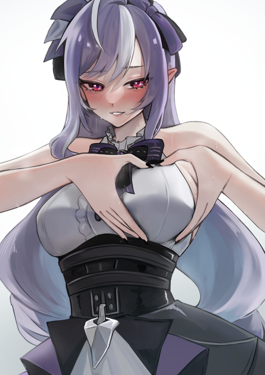 1girl, ahoge, black_corset, blush, breasts, center_frills, corset, dress