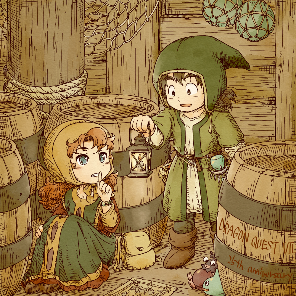 1boy, 1girl, 4ma4ma5ma, :d, anniversary, bag, barrel, black_eyes, black_hair, bonnet, bracelet, brown_bonnet, brown_coif, clenched_teeth, coif, commentary_request, curly_hair, dragon_quest, dragon_quest_vii, dress, finger_to_mouth, green_hat, green_tabard, green_tunic, hat, hatching_(texture), hero_(dq7), holding, holding_lantern, index_finger_raised, indoors, jewelry, lantern, long_hair, maribel_(dq7), medium_hair, net, open_mouth, red_dress, red_hair, ship_interior, shushing, sitting, slime_(dragon_quest), smile, tabard, teeth, tunic, white_tunic, woebergine