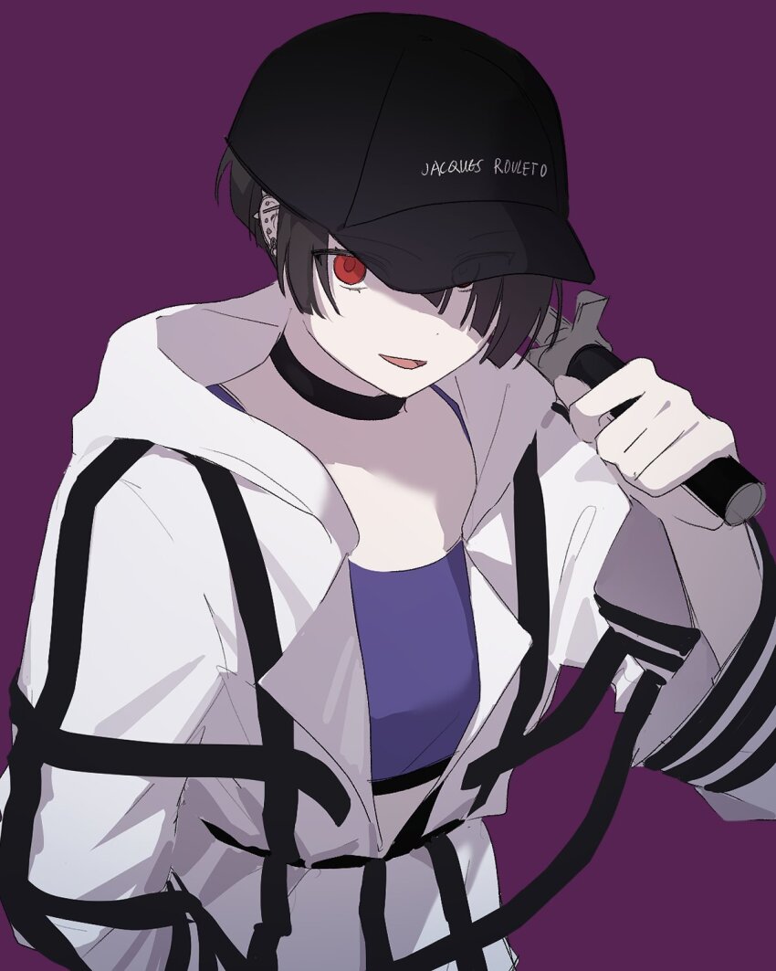 1girl, asymmetrical_bangs, asymmetrical_hair, baseball_cap, baton_(weapon), black_choker, black_hair, choker, ear_piercing, earrings, eyes_visible_through_hair, hair_between_eyes, hair_over_one_eye, hat, hat_over_one_eye, hat_writing, helix, highres, holding, holding_baton, hood, jacket, jewelry, li0mil, long_sleeves, looking_at_viewer, marching_band_baton, midriff_peek, milgram, multiple_earrings, open_mouth, parted_hair, piercing, purple_background, purple_shirt, red_hair, restraints, rook_piercing, shadow, shirt, short_bangs, short_hair, side_part, smile, solo, spiked_ear_piercing, straitjacket, stud_earrings, very_short_hair, weapon, white_jacket, yuzuriha_kotoko