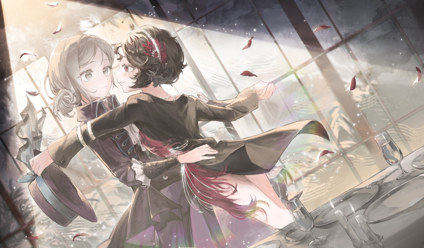 2girls, absurdres, black_coat, black_hair, black_hat, black_pants, blurry, blurry_background, boater_hat, chacha_(chachachaqqq), coat, cowboy_shot, cup, dancing, dress, drinking_glass, dutch_angle, eye_contact, face-to-face, falling_feathers, feather_dress, feather_hair_ornament, feathers, grey_eyes, grey_hair, hair_bun, hair_ornament, hairband, hand_on_another's_waist, hat, highres, holding, holding_hands, holding_unworn_clothes, holding_unworn_hat, indoors, looking_at_another, multiple_girls, pants, parted_lips, plate, profile, red_dress, red_eyes, red_feathers, reverse:1999, schneider_(reverse:1999), short_dress, short_hair, single_side_bun, spotlight, table, unworn_hat, unworn_headwear, vertin_(reverse:1999), waltz_(dance), white_hairband, yuri