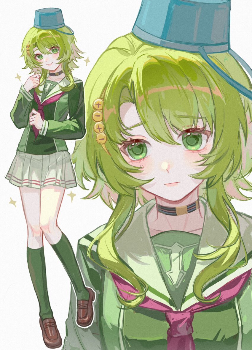 1girl, black_choker, brown_shoes, bucket, bucket_on_head, choker, closed_mouth, green_eyes