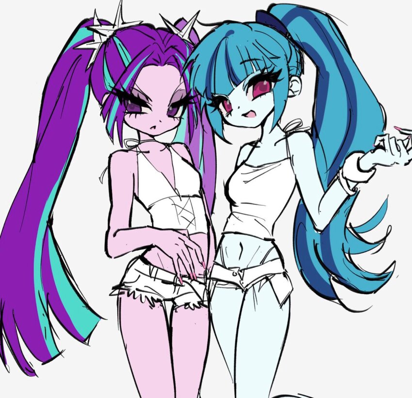 2girls, :d, aqua_hair, aria_blaze, aria_blaze_(human), bare_arms, blue_eyeshadow, blue_hair