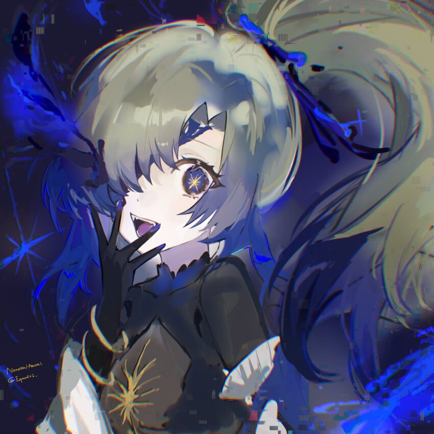 1girl, arcaea, black_bodysuit, black_gloves, blonde_hair, blue_eyes, bodystocking, bodysuit, breasts, corruption, curtained_hair, equal02, fangs, gloves, green_hair, hair_over_one_eye, high_ponytail, highres, jacket, jewelry, medium_breasts, medium_hair, multiple_rings, nonoka_(awakened)_(arcaea), one_eye_covered, ponytail, possessed, ring, sketch, solo, star-shaped_pupils, star_(symbol), symbol-shaped_pupils, white_jacket, white_sleeves