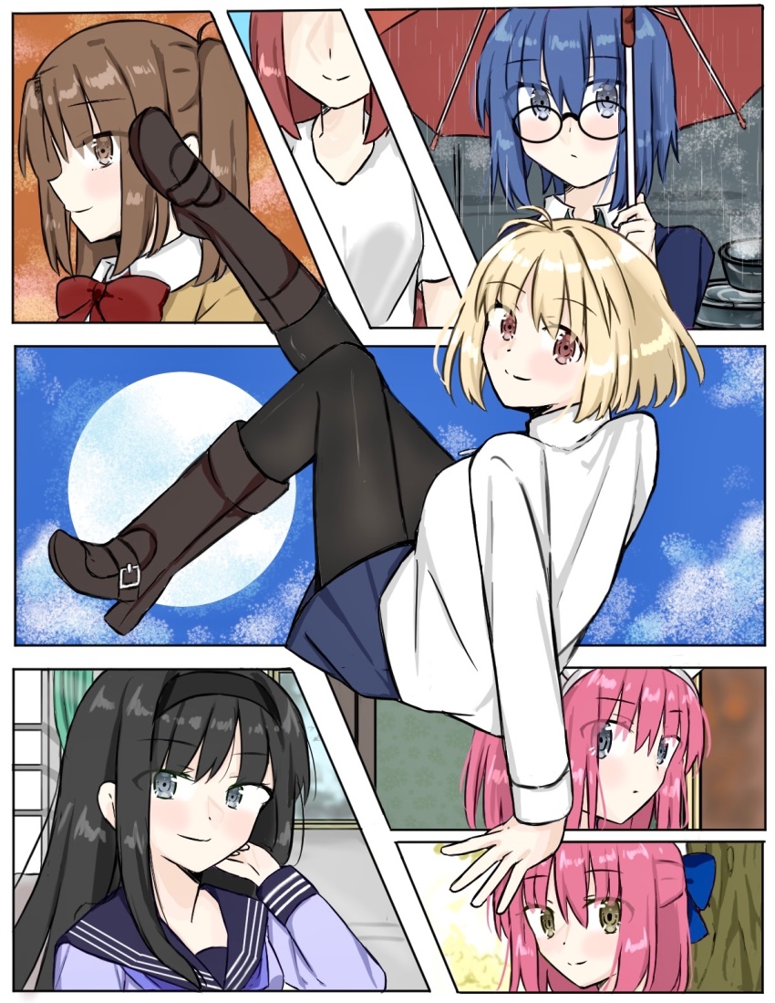 02surume, 6+girls, aozaki_aoko, arcueid_brunestud, black-framed_eyewear, black_hair, black_pantyhose, blue_bow