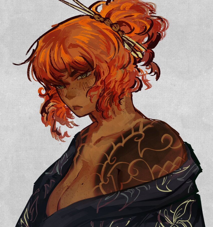 1girl, absurdres, alternate_skin_color, black_kimono, breasts, cleavage, cloud_tattoo, dark-skinned_female, dark_skin, darkened_skin, freckles, green_eyes, grey_background, hair_ornament, hair_stick, highres, irezumi, ishmael_(project_moon), japanese_clothes, kimono, kurokumo_clan_(identity)_(project_moon), large_breasts, limbus_company, looking_at_viewer, lycanthix, mole, mole_on_breast, orange_hair, project_moon, shoulder_tattoo, simple_background, solo, tattoo, updo, upper_body