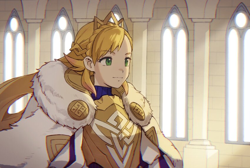 1girl, armor, blonde_hair, braid, breastplate, cape, closed_mouth, crown_braid