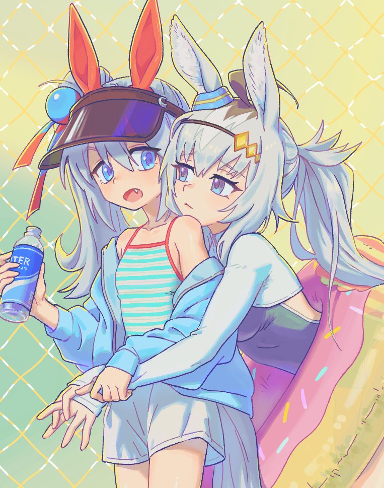 2girls, ahoge, animal_ears, bare_shoulders, blue_eyes, blue_jacket, blue_one-piece_swimsuit, blush