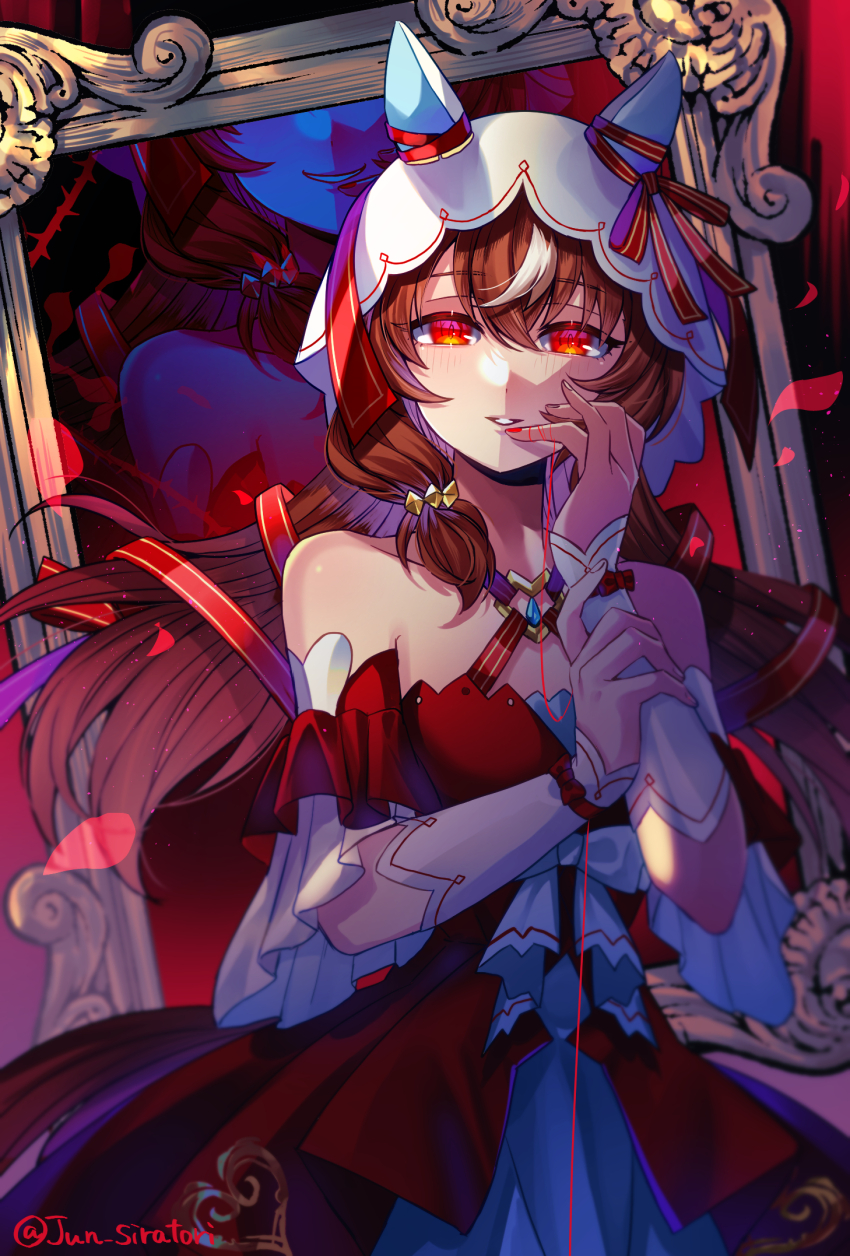 1girl, animal_ears, blush, brown_hair, commentary_request, different_reflection, dress, gradient_background