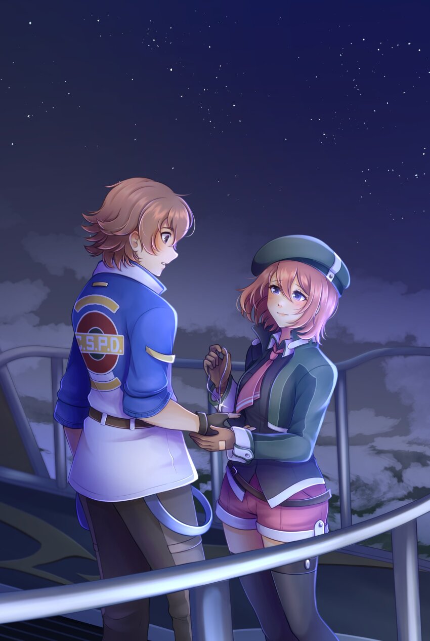 1boy, 1girl, absurdres, ao_no_kiseki, beret, blue_eyes, brown_eyes, brown_gloves