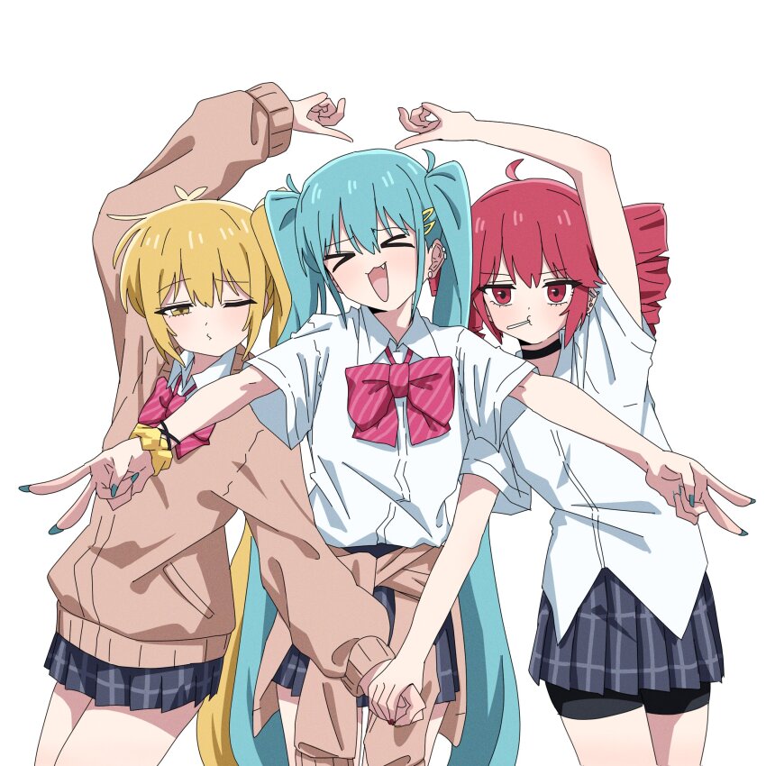 >_<, 3girls, absurdres, akita_neru, aqua_hair, arm_up, black_choker, black_shorts