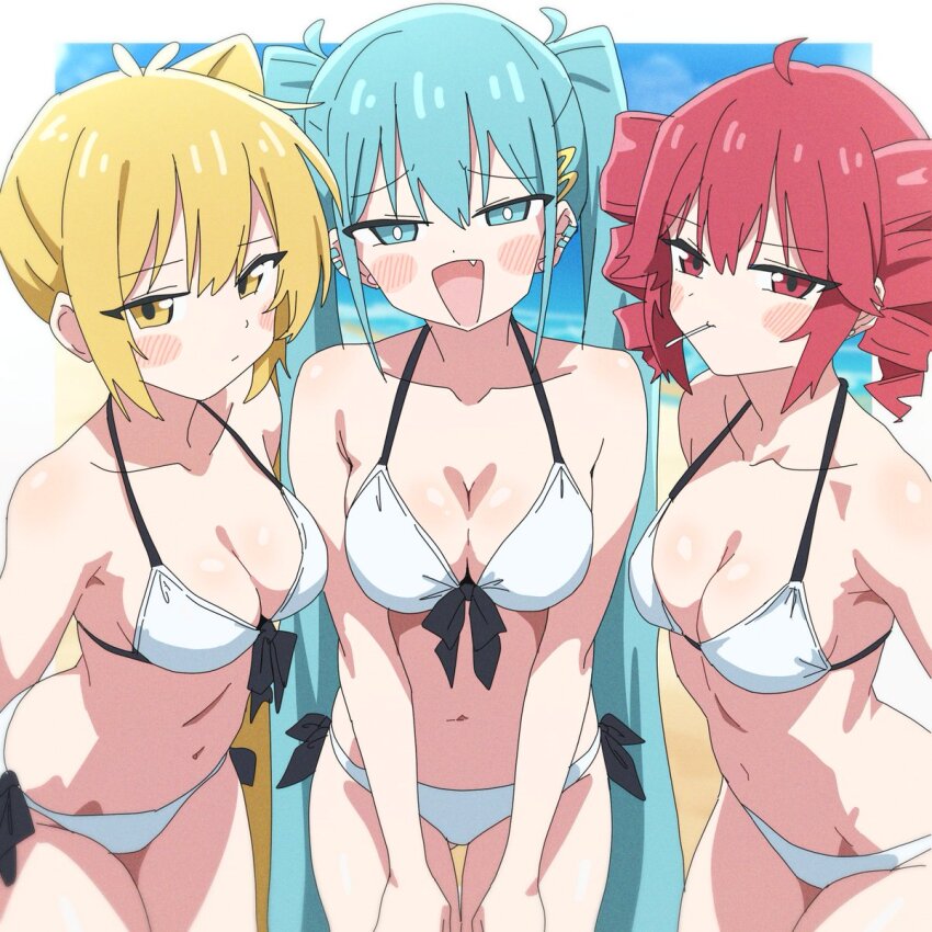 3girls, akita_neru, aqua_eyes, aqua_hair, bikini, blonde_hair, blush, breasts, closed_mouth, drill_hair, earrings, hatsune_miku, highres, jewelry, kasane_teto, long_hair, medium_breasts, mouth_hold, multiple_girls, navel, open_mouth, pan_(ryu), red_eyes, red_hair, smile, stomach, swimsuit, triple_baka_(vocaloid), twin_drills, twintails, utau, vocaloid, white_bikini, yellow_eyes, zako_(vocaloid)