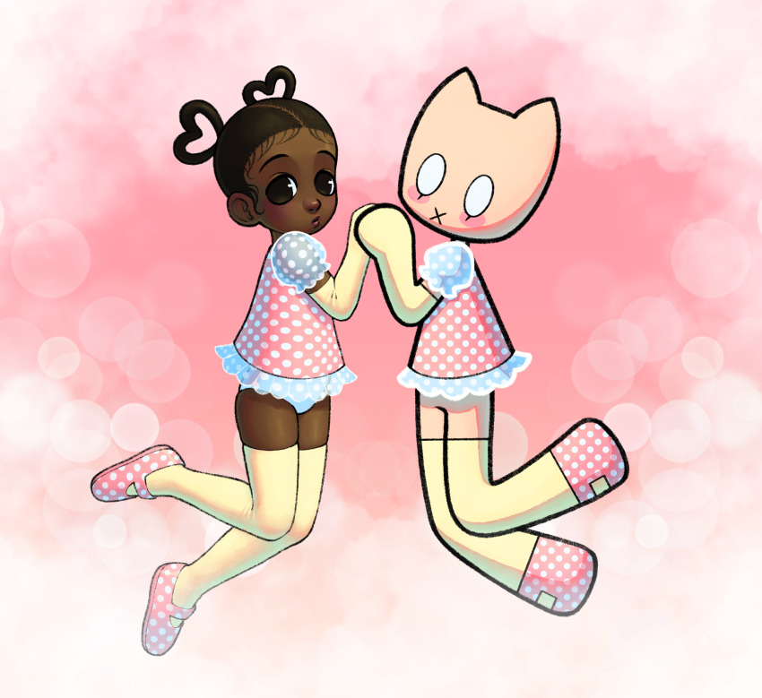 2girls, black_eyes, black_hair, blush, cat, cat_girl, child, dark-skinned_female