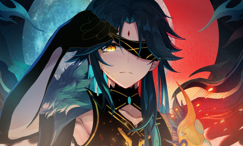 1boy, above-cleavage_cutout, absurdres, alternate_costume, alternate_hair_length, alternate_hairstyle, aqua_hair, arm_tattoo
