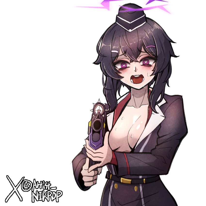 1girl, bags_under_eyes, black_hair, blue_archive, blush, breasts, cleavage, fabarm_sdass