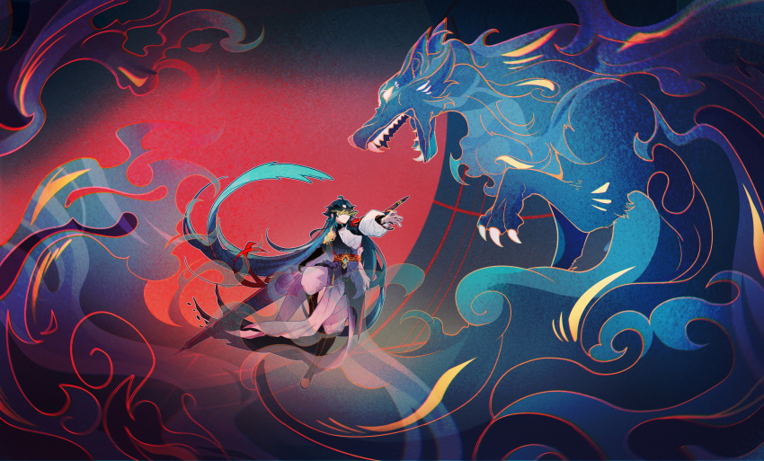 1boy, absurdres, alternate_costume, alternate_hair_length, alternate_hairstyle, aqua_hair, aqua_umbrella, armor