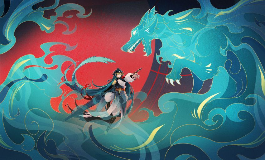 1boy, absurdres, alternate_costume, alternate_hair_length, alternate_hairstyle, aqua_hair, aqua_umbrella, armor