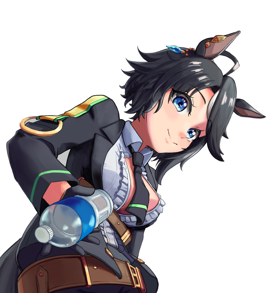 1girl, ahoge, animal_ears, belt, black_hair, black_jacket, black_necktie, black_pants