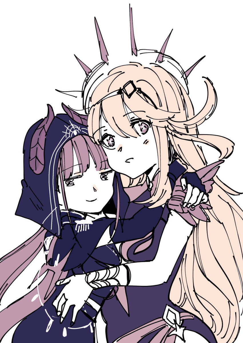 2girls, breasts, hair_bun, heaven_burns_red, highres, large_breasts, long_hair, monochrome