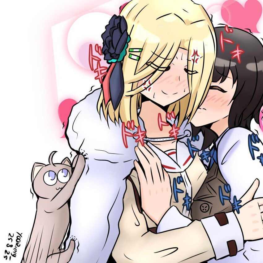 2girls, animalization, aoi_erika, black_hair, blonde_hair, blush, breasts, cape, cat, flower, fur-trimmed_cape, fur_trim, hair_flower, hair_ornament, heaven_burns_red, highres, hug, long_sleeves, minase_ichigo, minase_sumomo, multiple_girls, ruining_the_glorious_moment, shirt, short_hair, yoorie19, yuri