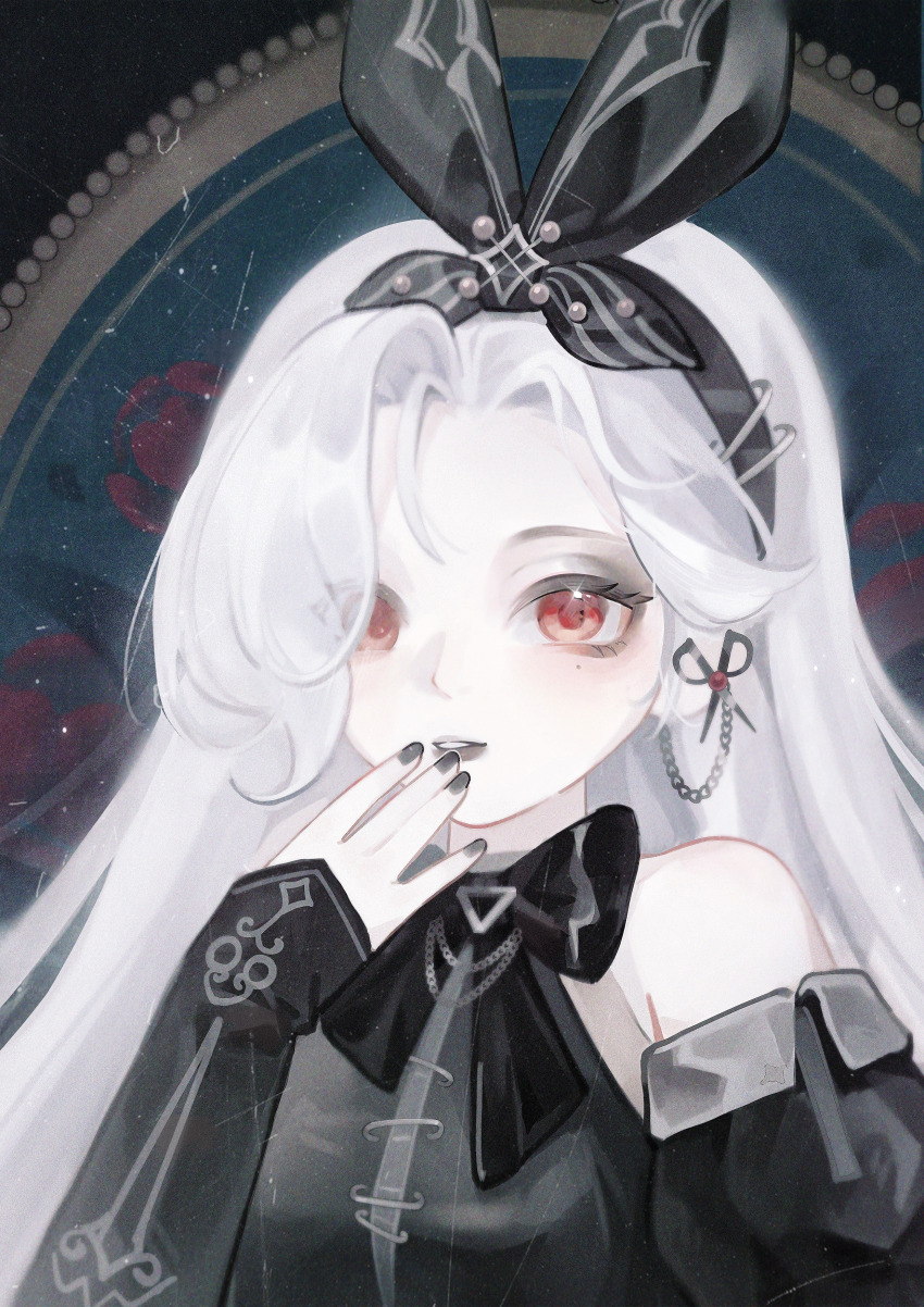 1girl, absurdres, aderinna_(infinity_nikki), arm_warmers, asymmetrical_bangs, bare_shoulders, beads, black_arm_warmers, black_bow, black_bowtie, black_dress, black_hairband, black_lips, black_nails, black_sleeves, bow, bow_hairband, bowtie, chain, chain_earrings, detached_sleeves, dress, expressionless, eyelashes, eyes_visible_through_hair, eyeshadow, floral_background, flower, grey_eyeshadow, hair_beads, hair_ornament, hair_over_one_eye, hairband, halter_dress, halterneck, hand_on_own_chin, highres, infinity_nikki, light_blush, light_particles, lipstick, long_hair, looking_at_viewer, makeup, mole, mole_under_eye, nail_polish, nikki_(series), pale_skin, paperclip, parted_lips, picture_frame, puffy_short_sleeves, puffy_sleeves, red_eyes, red_flower, red_rose, rose, scissors_hair_ornament, short_sleeves, sishi_malus, solo, straight_hair, striped_bow, upper_body, very_long_hair, white_hair