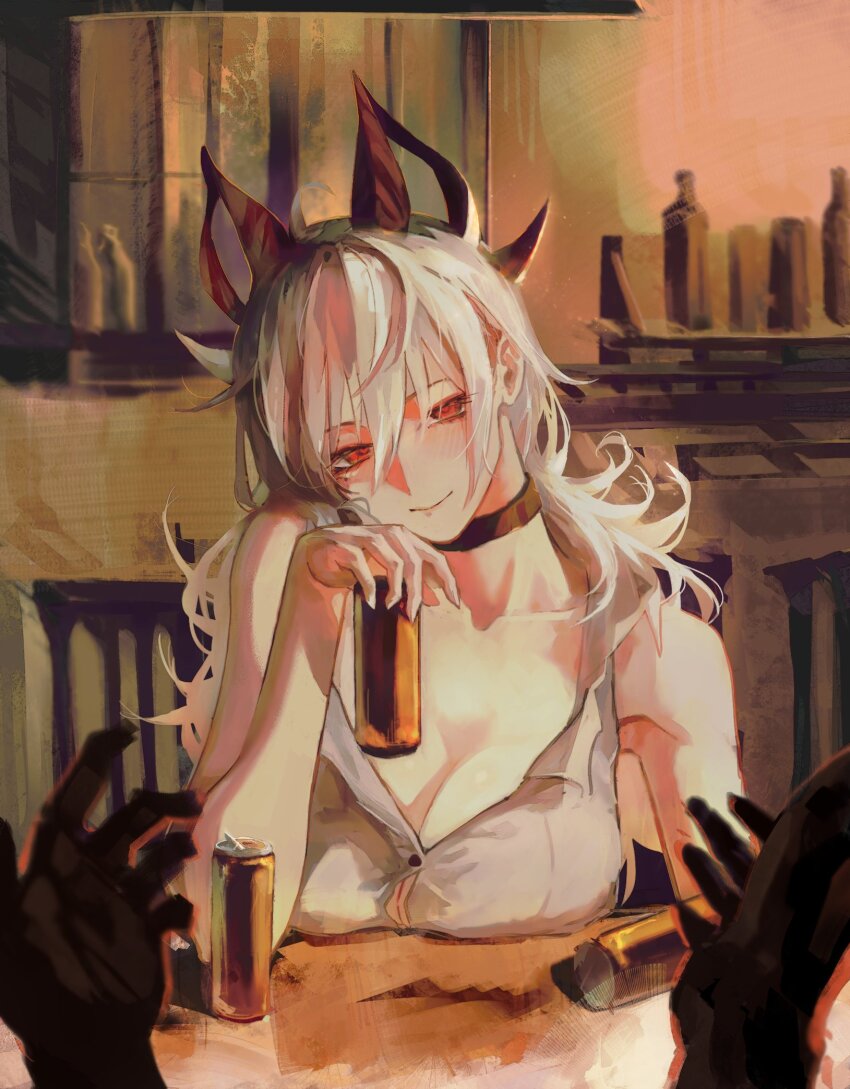 1girl, bare_shoulders, black_choker, black_horns, breasts, button_gap, choker, cleavage