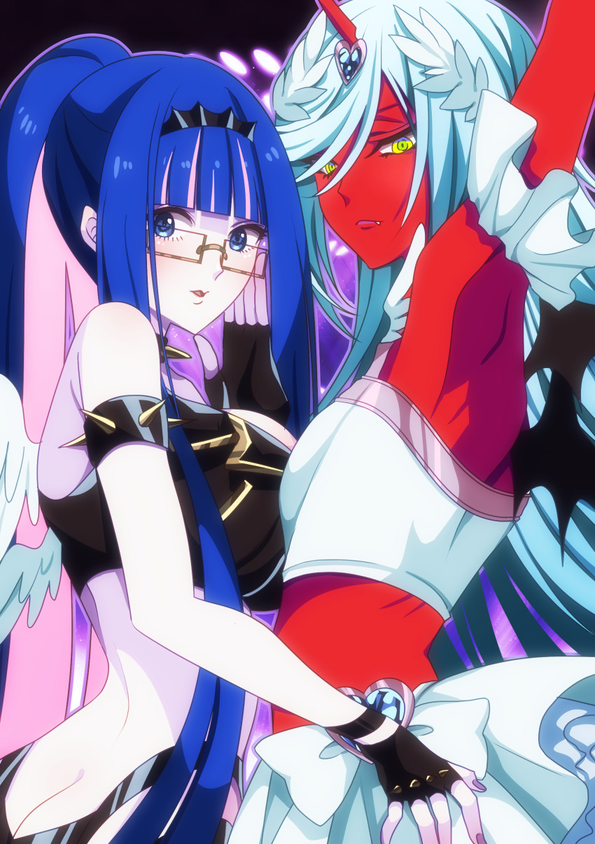 2girls, absurdres, alternate_hairstyle, asymmetrical_docking, black_gloves, blue_eyes, blue_hair, blunt_bangs