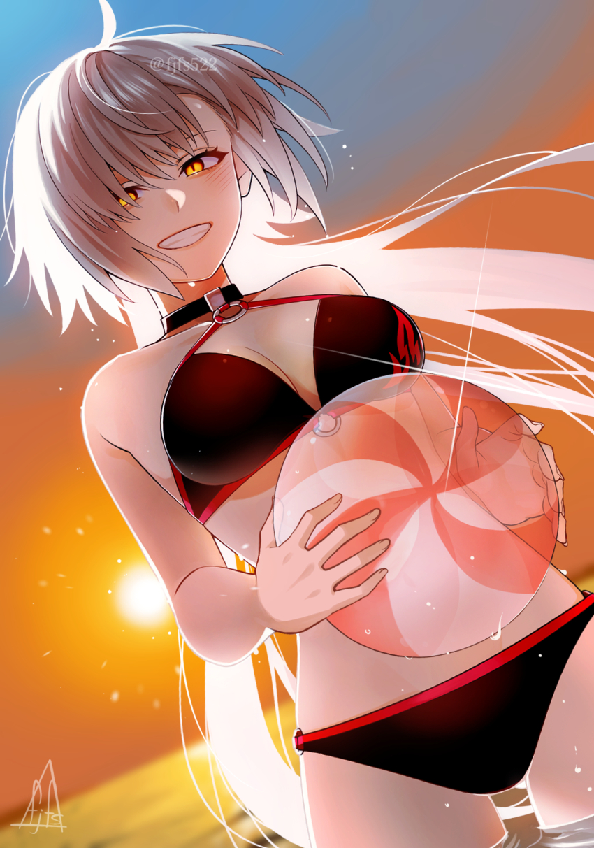 1girl, ahoge, ball, bare_arms, bare_shoulders, beach, beachball, bikini