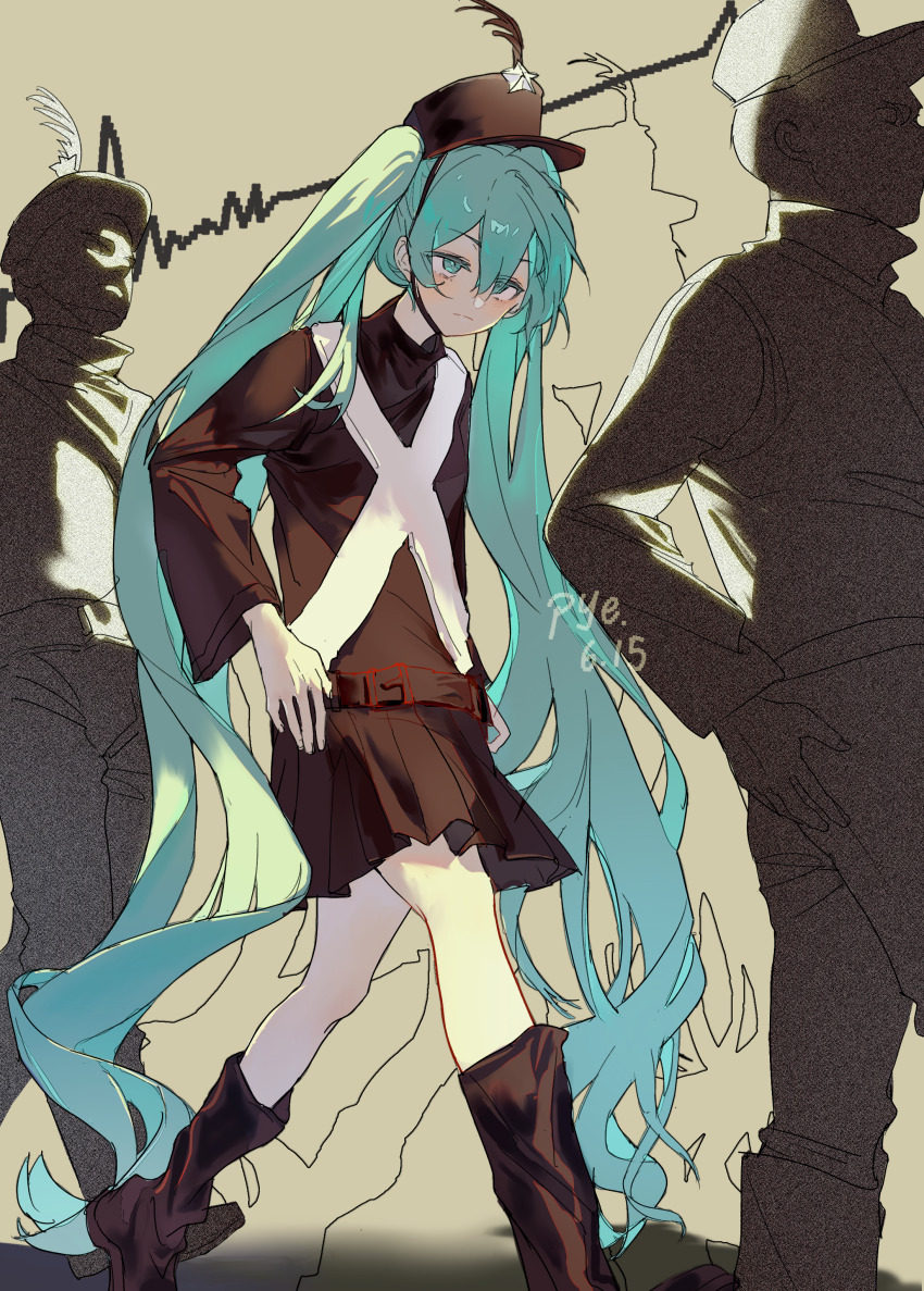 1girl, 2boys, absurdly_long_hair, absurdres, artist_name, backlighting, belt, black_socks, blue_eyes, blue_hair, brown_background, brown_belt, brown_hat, brown_shirt, brown_shoes, brown_skirt, closed_mouth, commentary_request, dated, film_grain, foot_out_of_frame, from_below, frown, hand_on_own_hip, hat, hat_feather, hat_ornament, hatsune_miku, highres, kneehighs, long_hair, looking_ahead, miniskirt, multiple_boys, pants, pleated_skirt, pye_yyy, ride_on_the_conformism_(vocaloid), shirt, shoes, simple_background, skirt, socks, solo_focus, standing, star_(symbol), star_hat_ornament, turtleneck, turtleneck_shirt, twintails, upturned_eyes, v-shaped_eyebrows, very_long_hair, vocaloid, walking, wavelengths