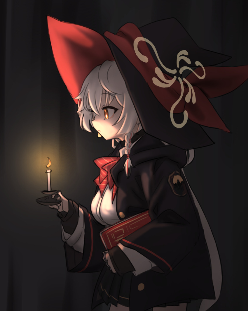 absurdres, blue_archive, book, bow, bowtie, braid, candle, dark_room